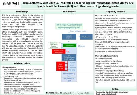 Immunotherapy with CD19 CAR redirected T-cells for high risk, relapsed paediatric CD19+ acute lymphoblastic leukaemia (ALL) and other haematological malignancies.