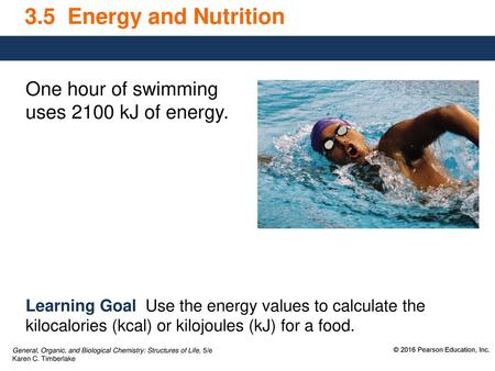 3.5 Energy and Nutrition One hour of swimming uses 2100 kJ of energy.