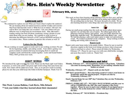 Mrs. Hein’s Weekly Newsletter February 8th, 2013