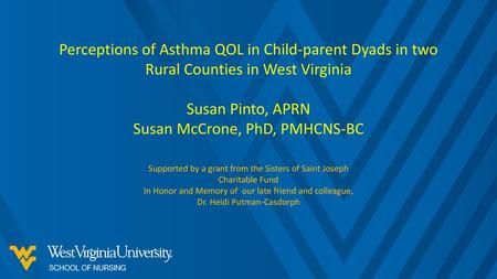 Please use this template to create presentations utilizing the WVU brand. Perceptions of Asthma QOL in Child-parent Dyads in two Rural Counties in West.