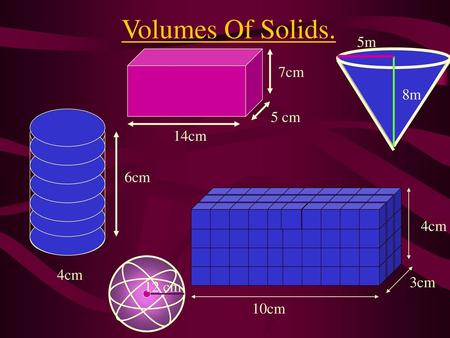 Volumes Of Solids. 8m 5m 7cm 5 cm 14cm 6cm 4cm 4cm 3cm 12 cm 10cm.
