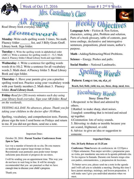 AR Testing Weekly Objectives Homework Spelling Words