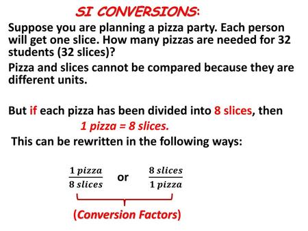 SI CONVERSIONS: Suppose you are planning a pizza party. Each person will get one slice. How many pizzas are needed for 32 students (32 slices)? Pizza and.