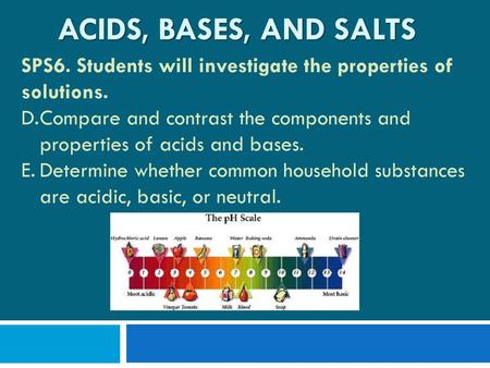 Acids, Bases, and Salts SPS6. Students will investigate the properties of solutions. Compare and contrast the components and properties of acids and bases.