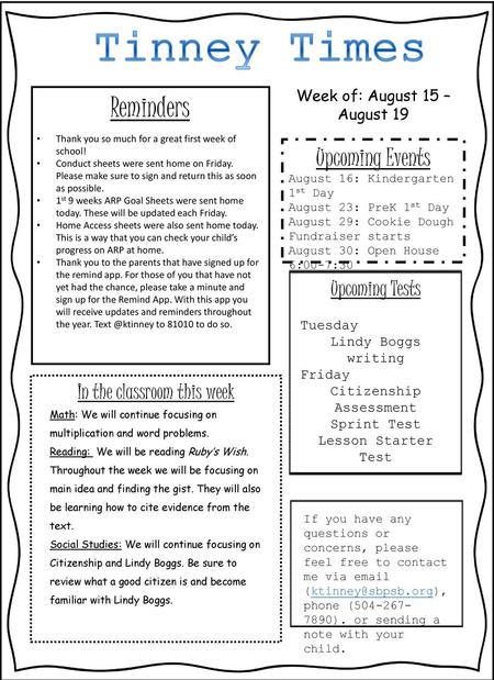 Tinney Times Reminders Upcoming Events Upcoming Tests