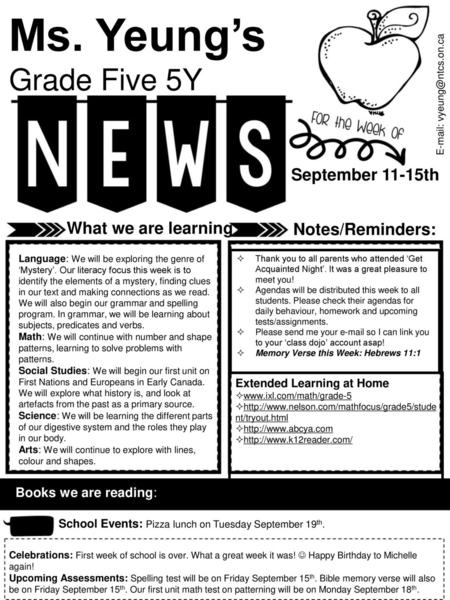 Ms. Yeung’s Grade Five 5Y September 11-15th What we are learning
