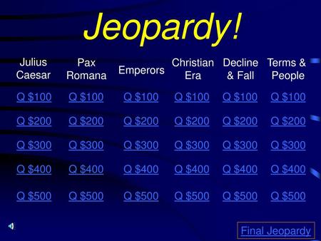 Jeopardy! Julius Caesar Pax Romana Christian Era Decline & Fall