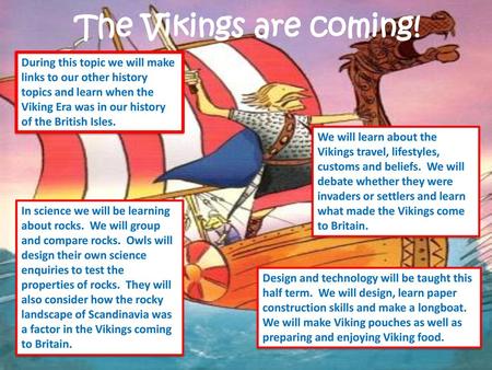 The Vikings are coming! During this topic we will make links to our other history topics and learn when the Viking Era was in our history of the British.