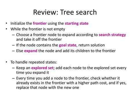Review: Tree search Initialize the frontier using the starting state