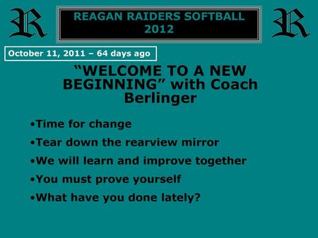 “WELCOME TO A NEW BEGINNING” with Coach Berlinger