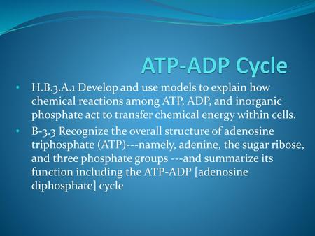 ATP-ADP Cycle H.B.3.A.1 Develop and use models to explain how chemical reactions among ATP, ADP, and inorganic phosphate act to transfer chemical energy.