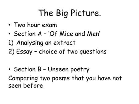 The Big Picture. Two hour exam Section A – ‘Of Mice and Men’