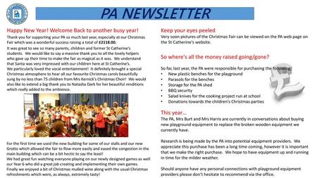 PA NEWSLETTER Happy New Year! Welcome Back to another busy year!