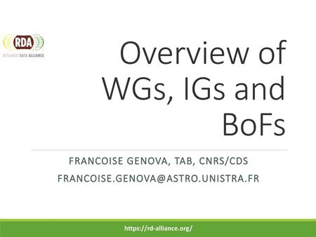 Overview of WGs, IGs and BoFs