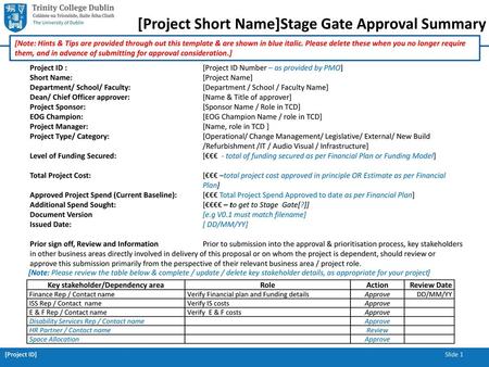 [Project Short Name]Stage Gate Approval Summary