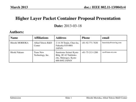 Higher Layer Packet Container Proposal Presentation