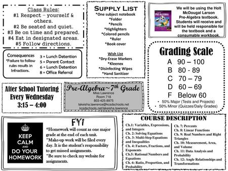 Grading Scale FYI Pre-Algebra~7th Grade Supply List A 90 – 100