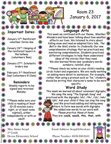Room 23 January 6, 2017 Language Arts Word Study Important Dates: