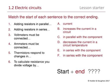 Start + end ???? 1.2 Electric circuits Lesson starter