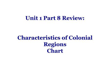 Unit 1 Part 8 Review: Characteristics of Colonial Regions Chart