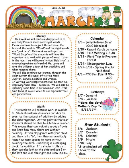 Star Students Calendar 3/6-3/10 3/8 – Early Release Day/