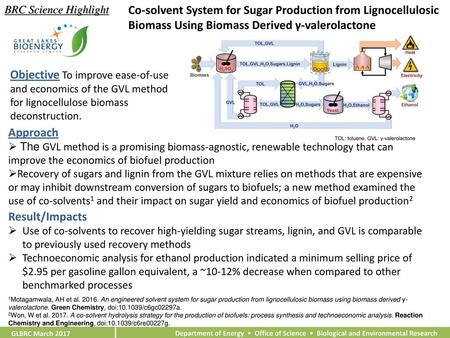 BRC Science Highlight Co-solvent System for Sugar Production from Lignocellulosic Biomass Using Biomass Derived γ-valerolactone Objective To improve ease-of-use.