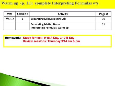 Warm up (p. 11): complete Interpreting Formulas w/s