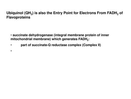 Ubiquinol (QH2) is also the Entry Point for Electrons From FADH2 of Flavoproteins succinate dehydrogenase (integral membrane protein of inner mitochondrial.