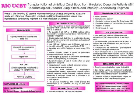 RIC UCBT Transplantation of Umbilical Cord Blood from Unrelated Donors in Patients with Haematological Diseases using a Reduced Intensity Conditioning.