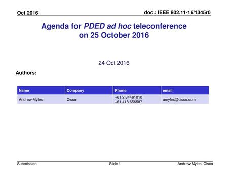 Agenda for PDED ad hoc teleconference on 25 October 2016