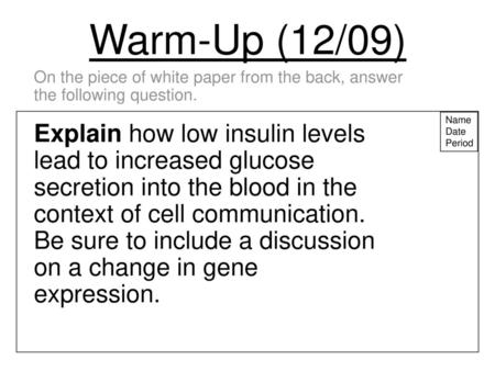 Warm-Up (12/09) On the piece of white paper from the back, answer the following question. Name Date Period Explain how low insulin levels lead to increased.