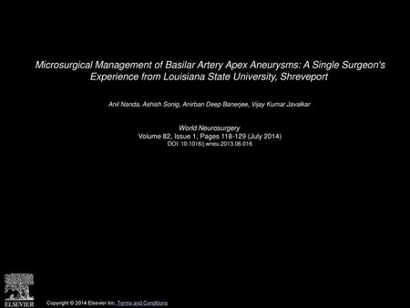 Microsurgical Management of Basilar Artery Apex Aneurysms: A Single Surgeon's Experience from Louisiana State University, Shreveport  Anil Nanda, Ashish.