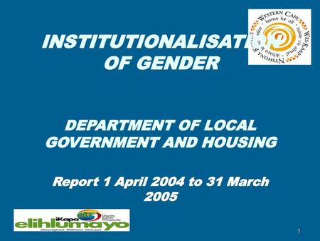 INSTITUTIONALISATION OF GENDER DEPARTMENT OF LOCAL GOVERNMENT AND HOUSING Report 1 April 2004 to 31 March 2005.