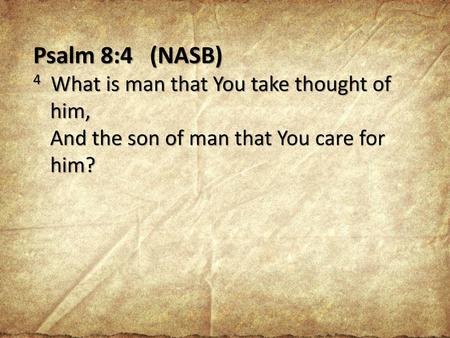 Psalm 8:4 (NASB) 4  What is man that You take thought of him, And the son of man that You care for him?
