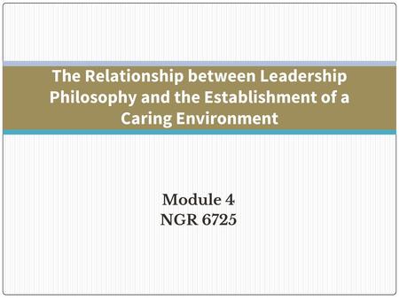 The Relationship between Leadership Philosophy and the Establishment of a Caring Environment Module 4 NGR 6725.