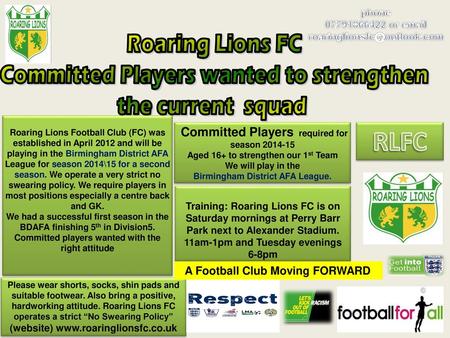 RLFC Roaring Lions FC Committed Players wanted to strengthen