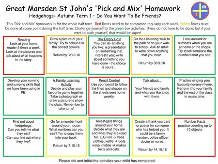 Great Marsden St John's 'Pick and Mix' Homework