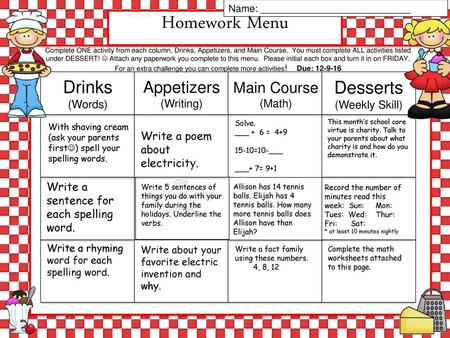 Homework Menu Drinks Desserts Appetizers Main Course (Words) (Writing)