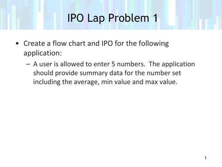 IPO Lap Problem 1 Create a flow chart and IPO for the following application: A user is allowed to enter 5 numbers. The application should provide summary.