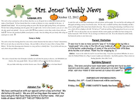 Mrs. Jones’ Weekly News October 12, 2012