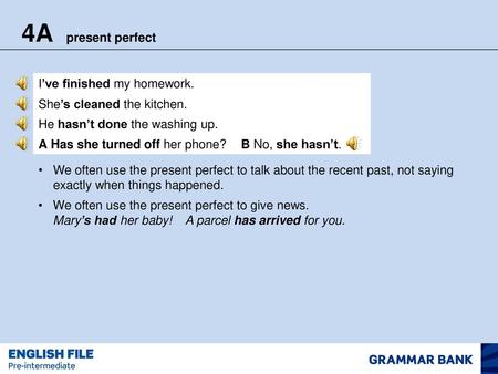 4A present perfect I’ve finished my homework.