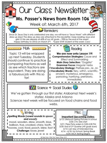 Ms. Passer’s News from Room 106 Important Upcoming Dates: