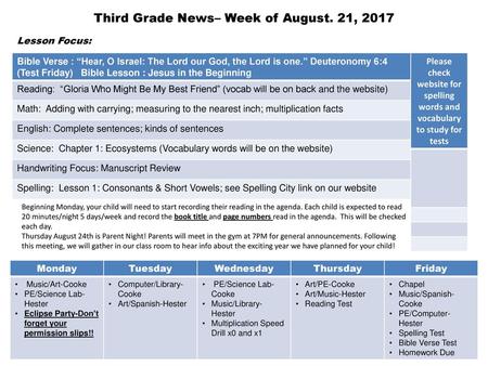 Third Grade News– Week of August. 21, 2017