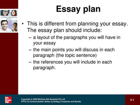 Essay plan This is different from planning your essay. The essay plan should include: a layout of the paragraphs you will have in your essay the main points.