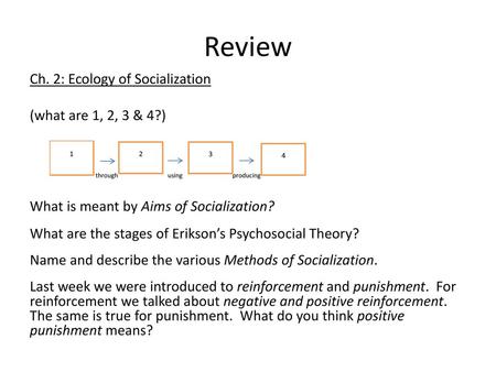 Review Ch. 2: Ecology of Socialization (what are 1, 2, 3 & 4?) What is meant by Aims of Socialization? What are the stages of Erikson’s Psychosocial Theory?