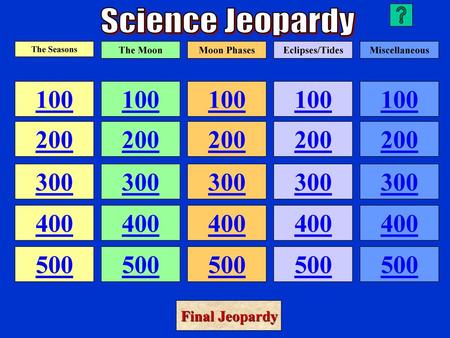 Science Jeopardy The Seasons The Moon Moon Phases Eclipses/Tides
