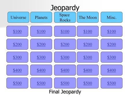 Jeopardy Final Jeopardy Universe Planets Space Rocks The Moon Misc.