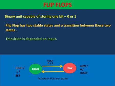 FLIP FLOPS Binary unit capable of storing one bit – 0 or 1