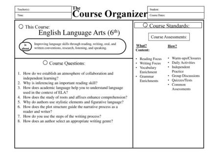 Course Organizer English Language Arts (6th) Course Standards: The