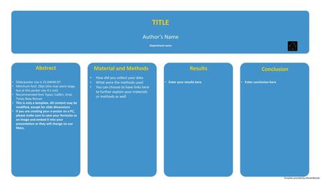 TITLE Author’s Name Abstract Material and Methods Results Conclusion